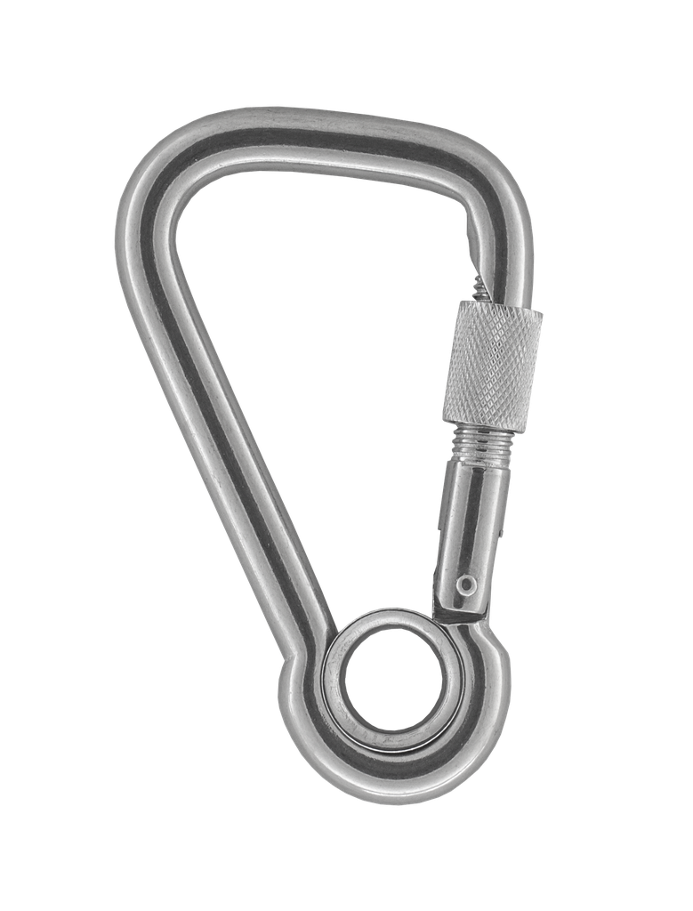 Asymmetrische karabijnhaak met oog en veiligheidsschroef, roestvrij staal, 100 mm