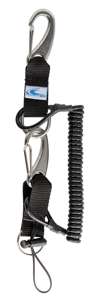 [ACCE05022-BK-BK] Mousqueton tire bouchon, spirale renforcée, 2 mousquetons Vela Inox 70 mm + + D-ring 25 mm + Anneau brisé inox 30 mm (Noir, Noir)